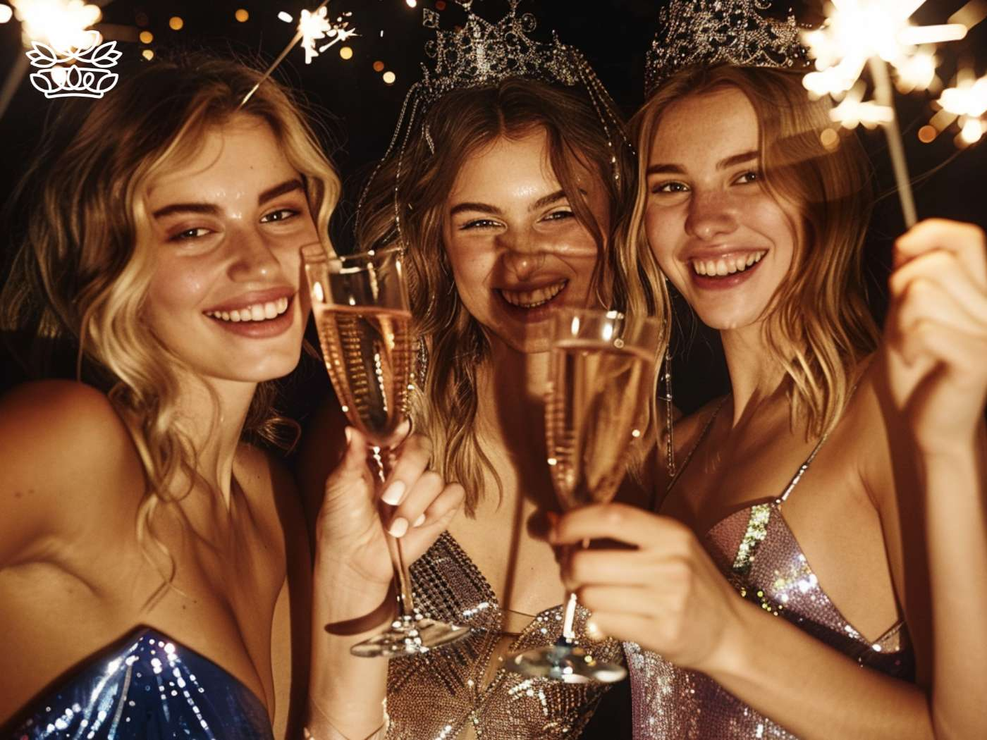 Three jubilant friends toasting with champagne, adorned in sparkling attire and tiaras, radiating joy, embodying the celebratory spirit of Fabulous Flowers and Gifts.