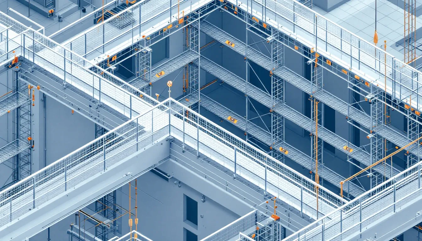 A construction site featuring scaffold towers being used for building work.