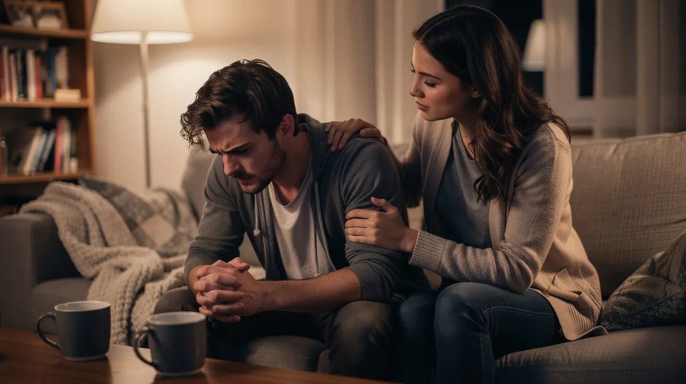 The image depicts a couple in a cozy setting, where the woman is gently comforting her anxious partner, who appears overwhelmed by anxiety. This supportive interaction highlights the importance of honest communication and understanding in managing relationship anxiety and fostering emotional well-being.