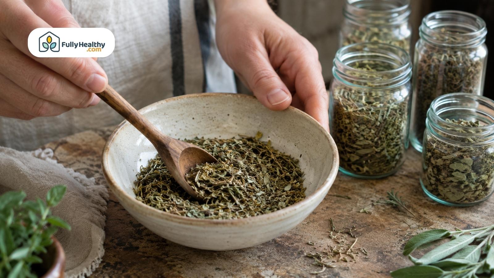 Hands mixing dried Italian herbs in a bowl beside glass spice jars