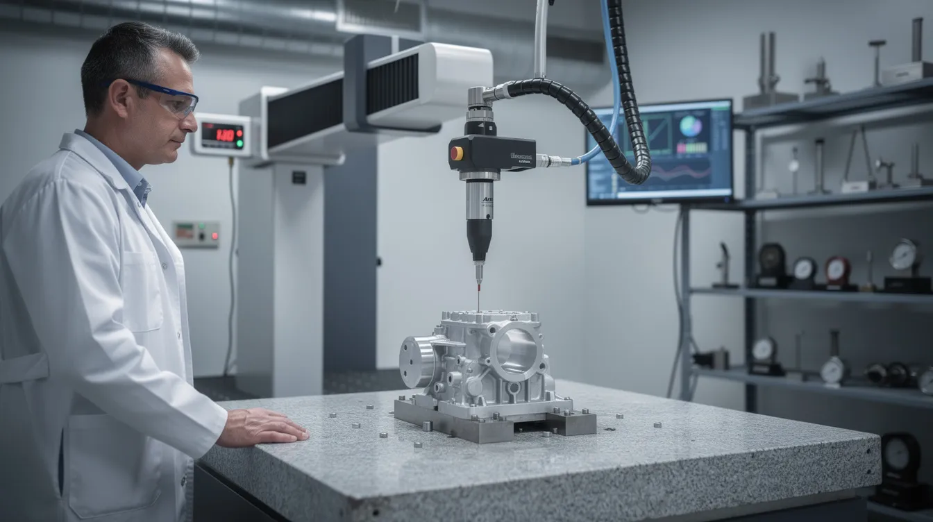 A quality inspector is examining a precision metal part on a Coordinate Measuring Machine in a temperature-controlled metrology room, ensuring adherence to stringent standards for aerospace manufacturing. This meticulous quality control process is crucial for the production of high precision aerospace components used in the aerospace and defense industries.