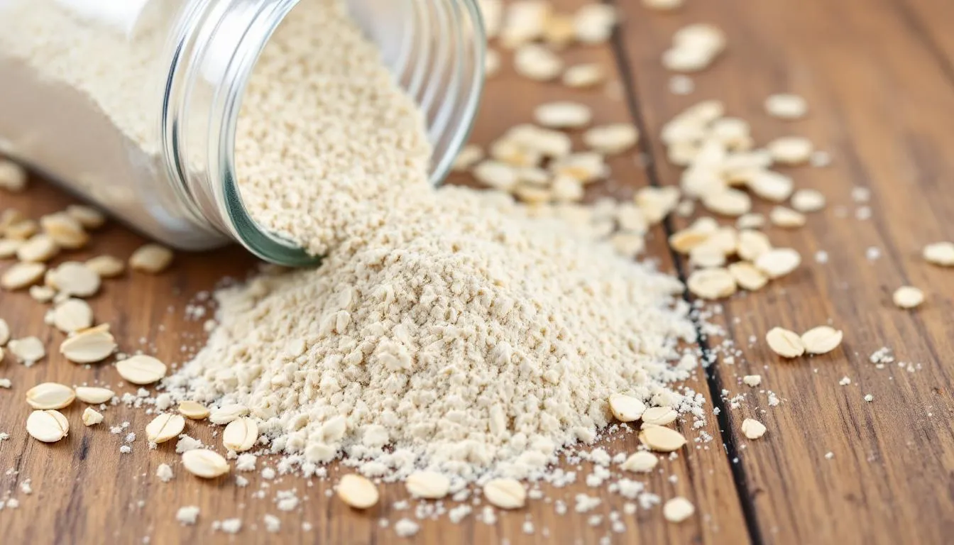A close-up image of finely ground colloidal oatmeal powder is showcased, with whole oats scattered softly in the background. This natural exfoliant is known for its moisturizing properties, making it ideal for dry or sensitive skin, and is often used in goat milk soap for its skin-soothing benefits.