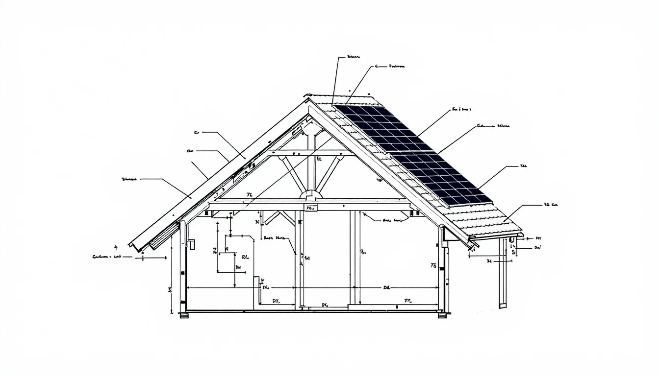 . Die technische Zeichnung zeigt die statische Analyse eines Dachs, das mit einem Indach-Photovoltaiksystem ausgestattet ist. Die Darstellung umfasst Details zur Dachstruktur und den integrierten Solarmodulen, die eine effiziente Energieerzeugung ermöglichen. .