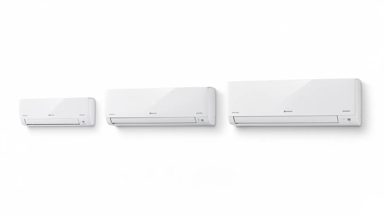The image features several modern white wall-mounted air conditioning units of varying sizes, neatly arranged side by side against a clean white background. These air conditioners represent new products from different brands, showcasing the best prices for efficient cooling and heating solutions.