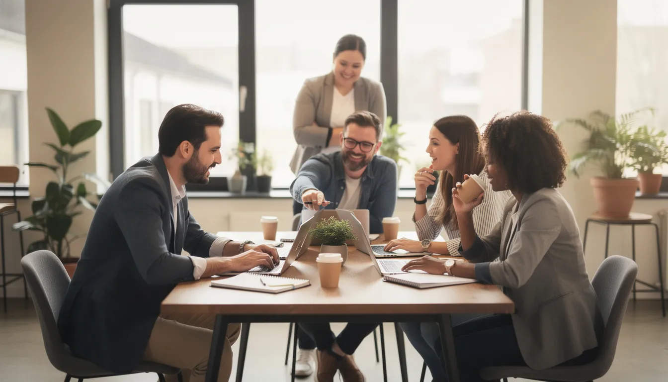 A diverse small business team collaborates around a table, each member engaged with their laptops as they discuss strategies for digital marketing and search engine optimization. The scene captures the essence of teamwork, focusing on enhancing their Google business profile and leveraging AI tools to improve organic search results and website traffic.