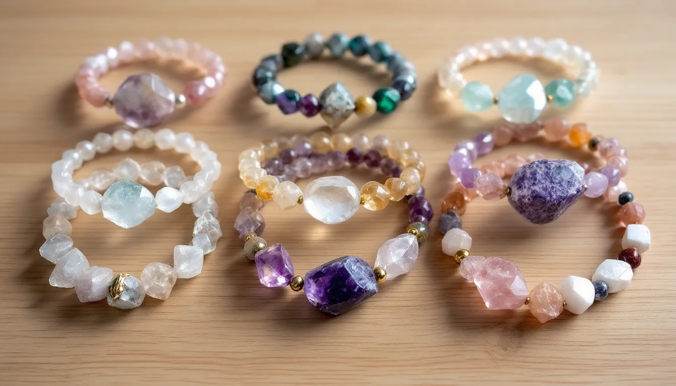 A close-up image of beautifully handcrafted crystal bracelets made from semi-precious stones like rose quartz, blue agate, and amethyst, showcasing their vibrant colors and unique textures. These healing crystal bracelets are designed to promote positive energy, inner peace, and balance, making them a perfect accessory for anyone seeking harmony and strength in their daily life.