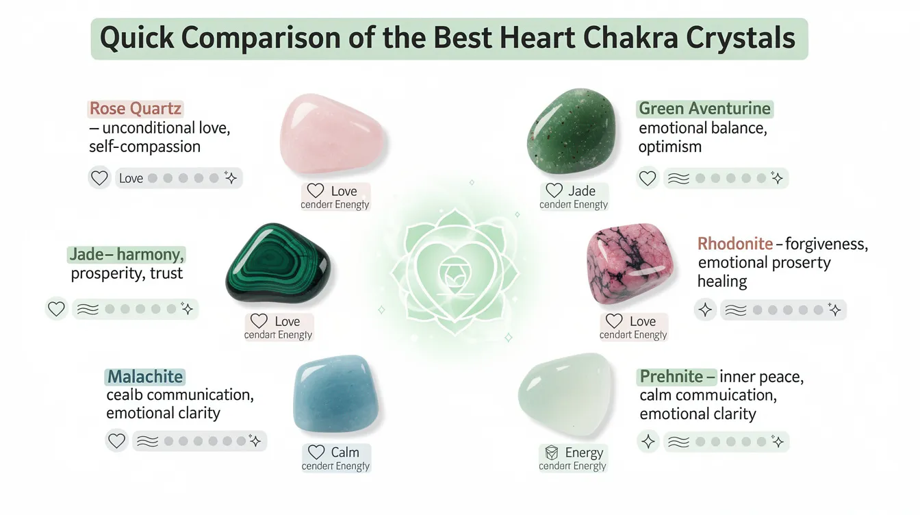 The image showcases a quick comparison of various heart chakra crystals, including rose quartz and green aventurine, highlighting their properties such as promoting emotional healing and fostering self-love. Each crystal is depicted with labels that emphasize their role in emotional balance, compassion, and energy healing.