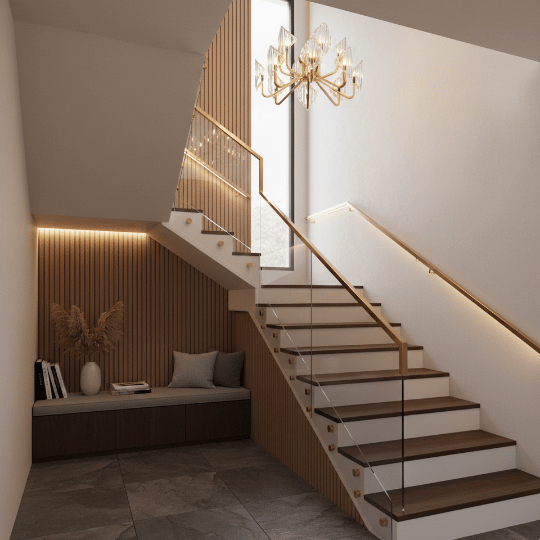 “A sculptural glass chandelier hangs above a warm, modern staircase with wood paneling and subtle LED strip lighting along the handrails. The built-in bench and soft ambient glow create a cozy, elegant example of small staircase lighting ideas.