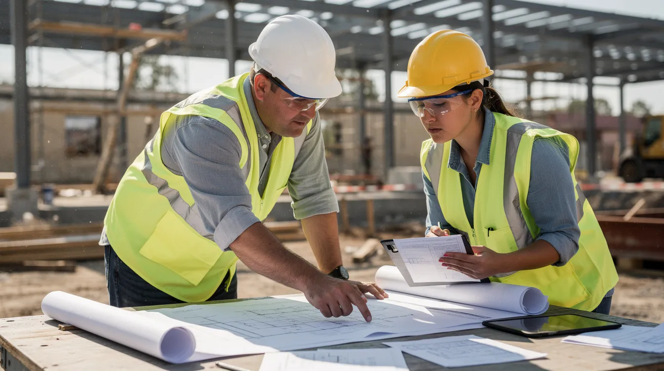 The image shows two construction professionals, one pointing at blueprints while the other reviews documents at a jobsite table, indicating their collaboration on complex construction projects. This scene highlights the importance of clear communication and effective dispute prevention in the construction industry to resolve disputes that may arise during project delivery.