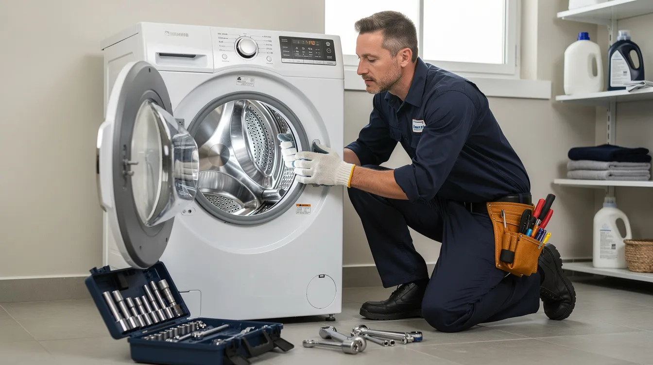 A technician is inspecting the interior drum of a washing machine during a repair service, ensuring its cleaning performance and functionality. This detailed examination is crucial for maintaining the energy efficiency and overall effectiveness of the best washing machines for your home.
