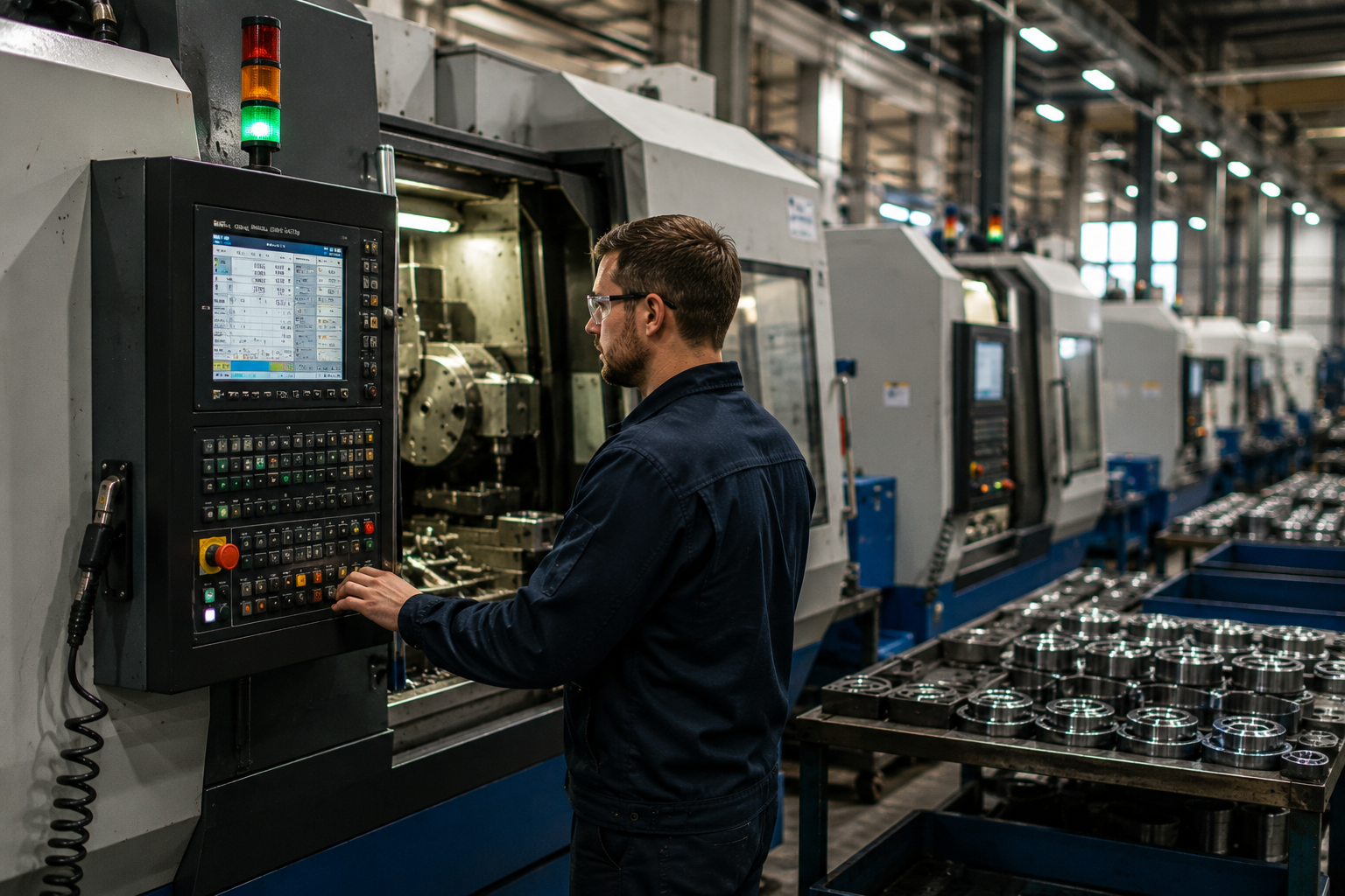 Production engineer monitoring reliable industrial machinery during manufacturing operations.