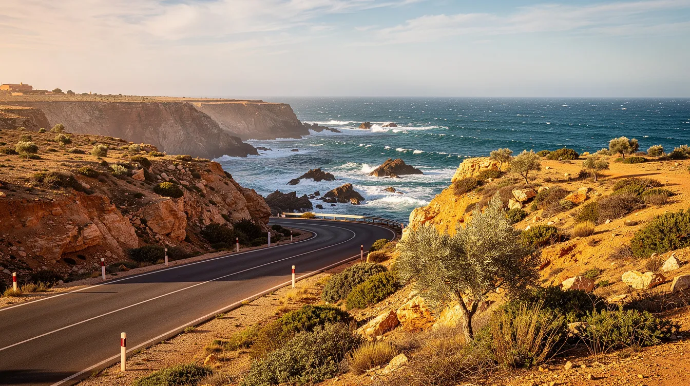 Una strada costiera marocchina si snoda lungo l'oceano Atlantico, circondata da scogliere e vegetazione mediterranea, offrendo un panorama mozzafiato ideale per un viaggio in auto. Questa località, perfetta per il noleggio auto a Casablanca, invita a esplorare le bellezze naturali del Marocco.