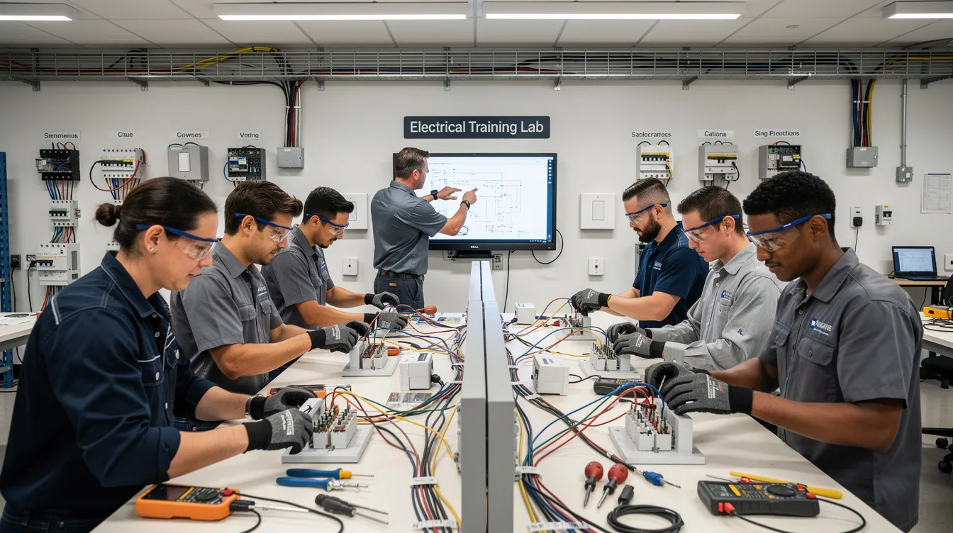 The image depicts a group of electrical apprentices actively engaged in hands-on training, practicing wiring techniques in a training lab. This practical experience is a vital part of the EVITP training program, preparing them to become certified electricians skilled in electric vehicle infrastructure and installation.
