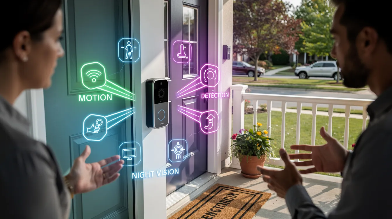 A video doorbell installed at a front door with a view of the porch and street.