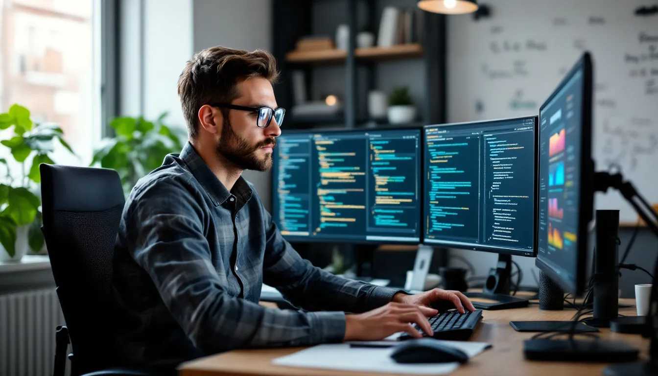 A professional web developer is intently analyzing HTML code on multiple monitors, with various SEO audit tools visible, including a free SEO checker that provides a detailed report on the website's SEO performance and identifies potential errors and optimization opportunities. The scene highlights the importance of search engine optimization for improving search engine rankings and overall website visibility.