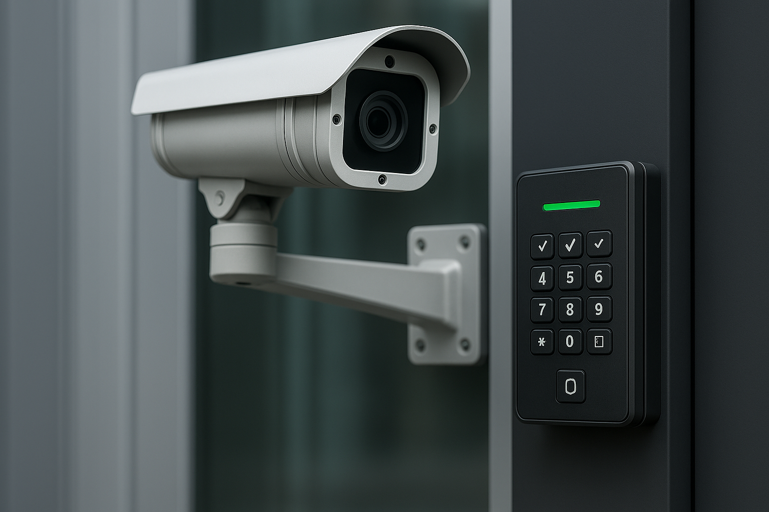 Close-up of a modern bullet-style security camera mounted beside a keypad access control system on a commercial building, representing integrated physical security and access management.
