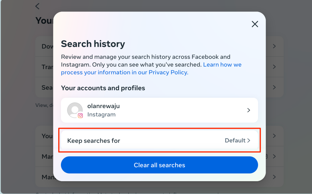 Search history settings page on Instagram Web