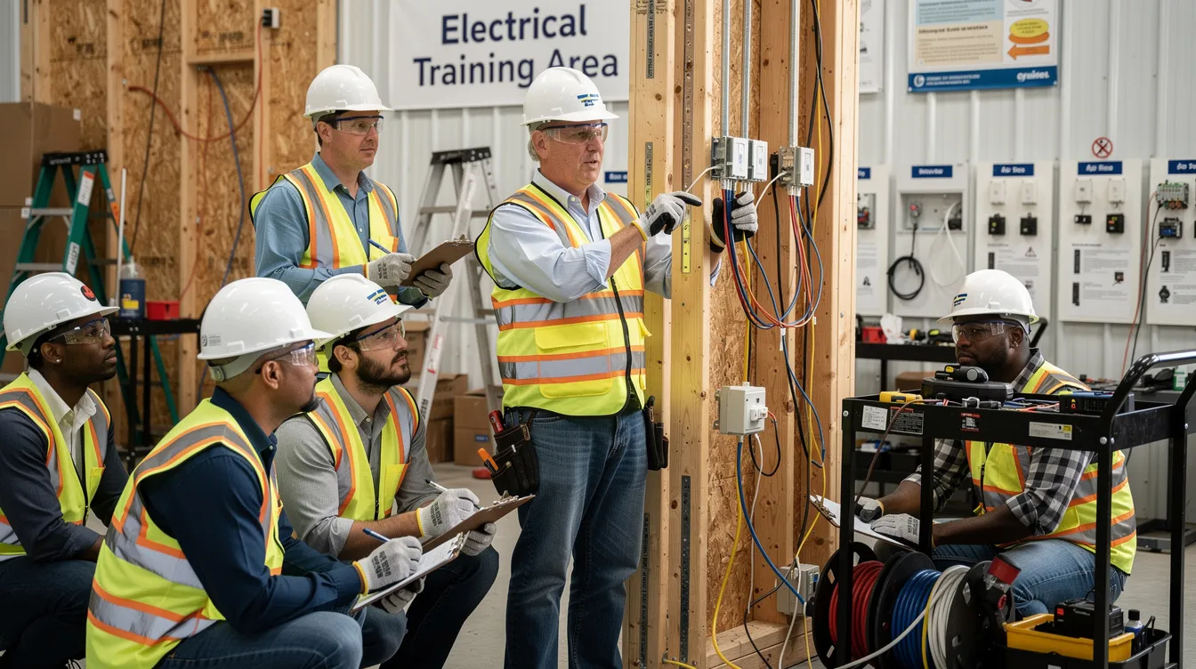 A group of apprentice construction workers is actively engaged in learning electrical installation techniques at a training site, surrounded by tools and equipment typical of the construction industry. This hands-on training is essential for developing skills that will contribute to current and future projects, helping to address labor shortages in the skilled trades.