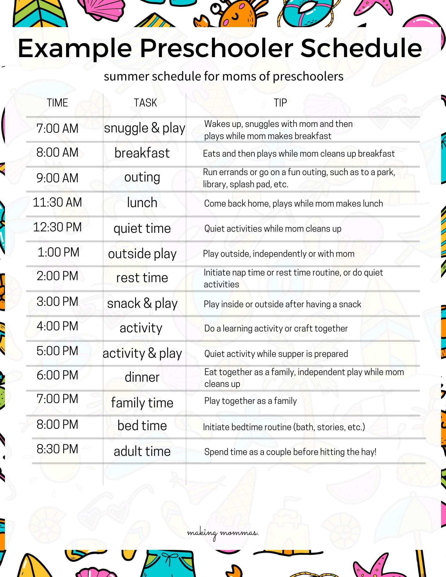 sample summer preschool schedule
