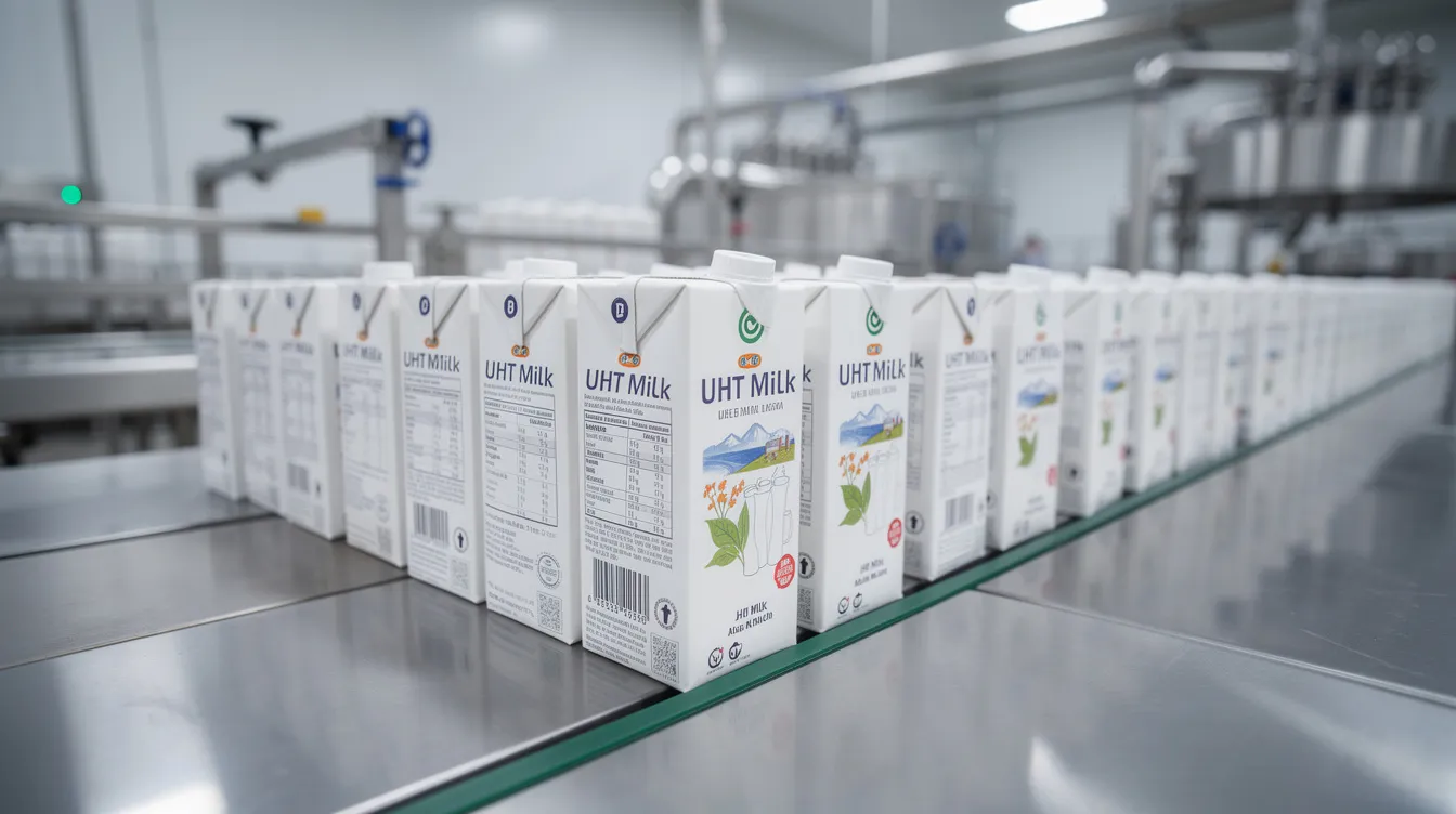 c254d7ef 9343 4b32 8191 89f688e85458 The image shows sealed UHT milk cartons neatly arranged on a stainless steel conveyor belt within a dairy plant, symbolizing the high quality raw milk processing and quality control in the dairy industry. The setup emphasizes food safety and the efficient production of milk and dairy products.