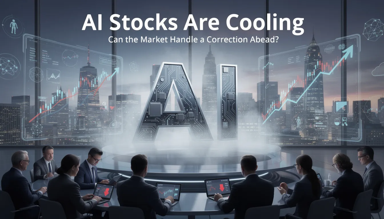The image depicts a stock market scene with graphs showing a cooling trend in AI stocks, highlighting concerns about a potential correction in the market. Investors are seen analyzing data and charts, reflecting on the implications for major tech stocks and the overall economic growth amid the ongoing AI boom and shifting investor sentiment.
