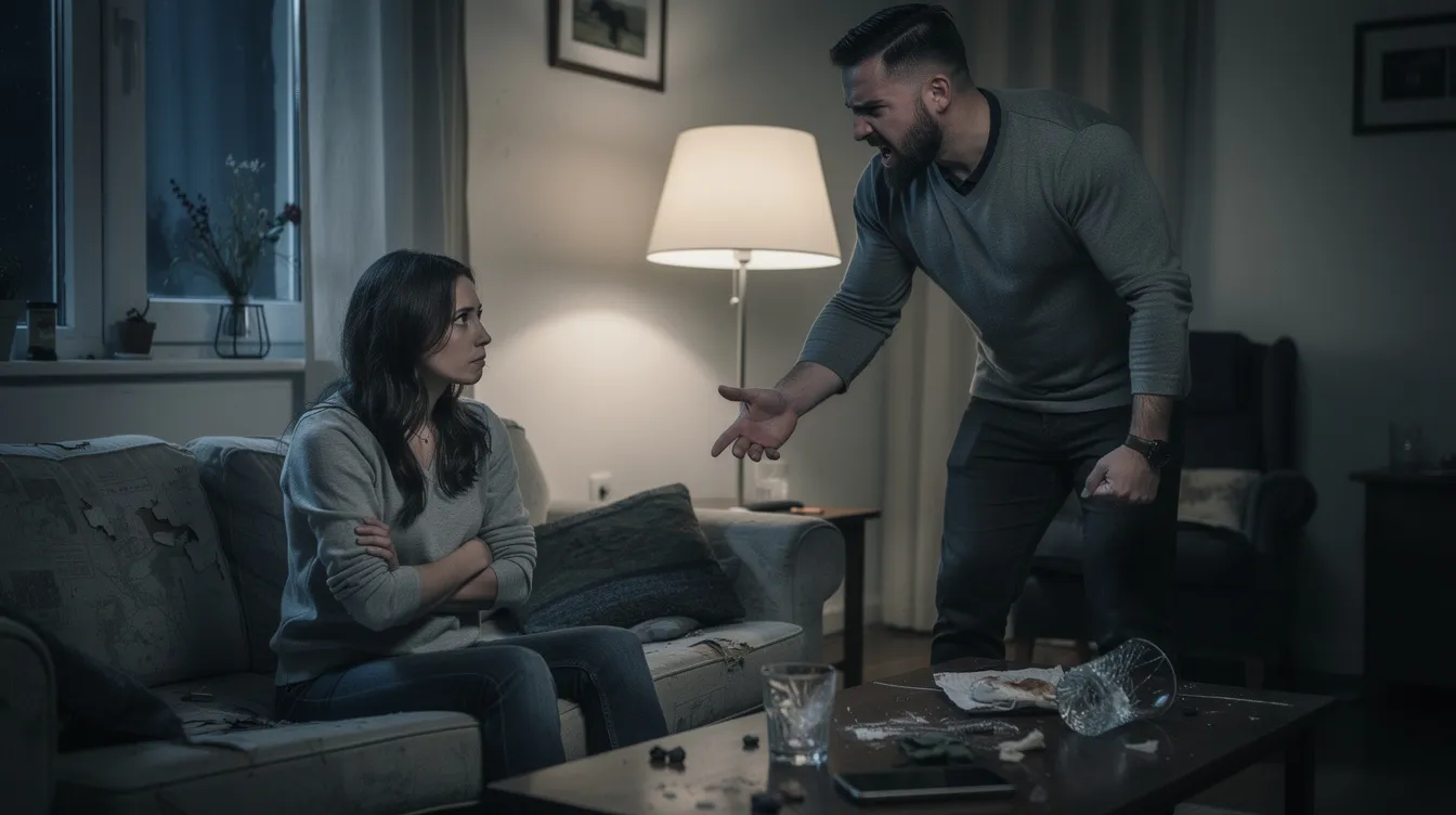 The image depicts a couple sitting together, with their expressions reflecting tension and discomfort, illustrating the signs of a toxic relationship. Their body language suggests a lack of emotional safety and communication, highlighting the harmful behaviors often present in toxic dynamics.