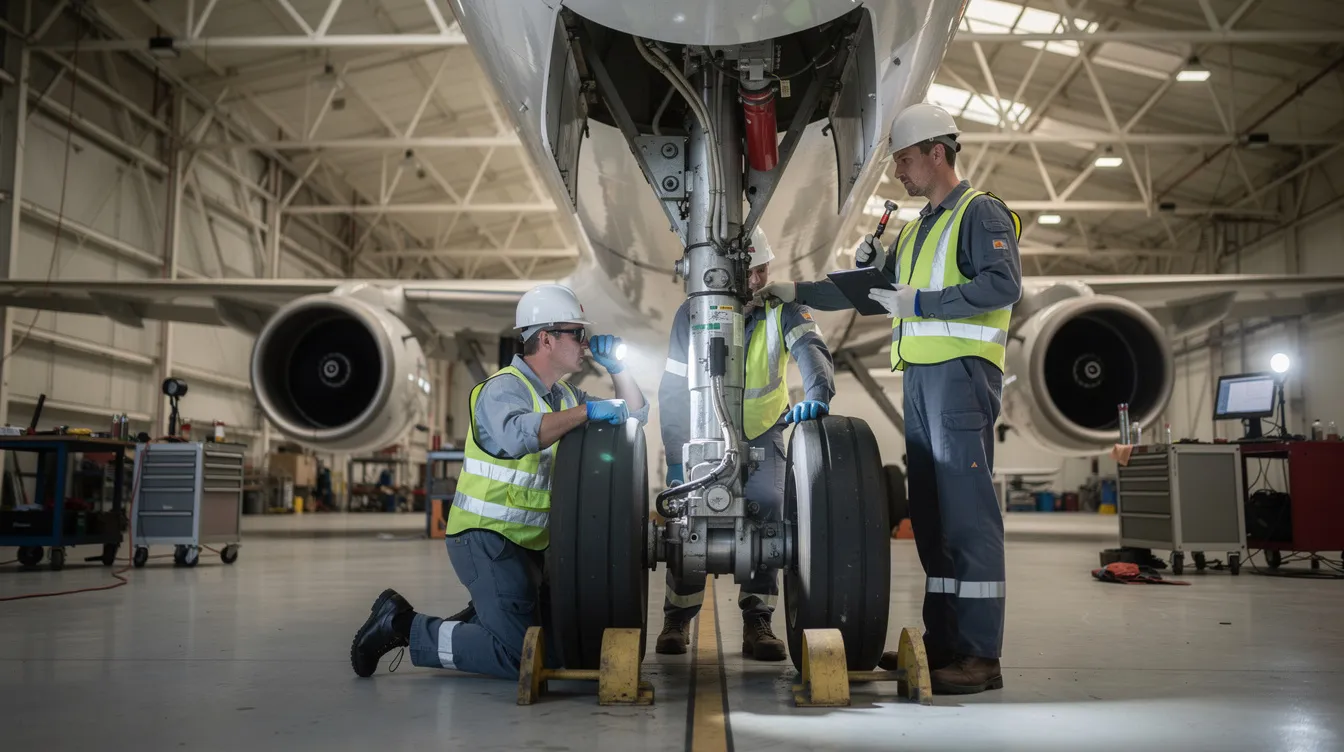 An aircraft maintenance team is diligently inspecting the landing gear of an aircraft inside a hangar, showcasing the critical role of aviation maintenance in ensuring safety and performance. The technicians are equipped with tools and are focused on their tasks, highlighting the importance of practical experience in meeting FAA certification requirements for aviation mechanics.