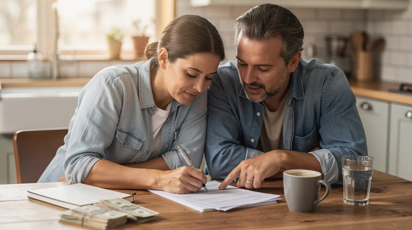 Two adult siblings are sitting together at a kitchen table, reviewing legal documents related to estate planning. They are discussing important decisions about their family's future and the distribution of assets, highlighting the significance of proper legal counsel during this challenging time.