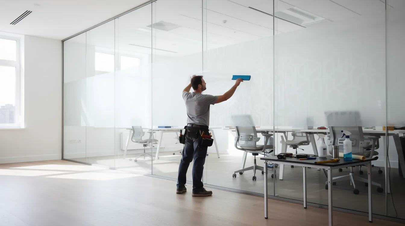A person is meticulously applying decorative architectural film to a glass partition in a bright, modern office space, showcasing a blend of creativity and professionalism. This image highlights the importance of specialized services in enhancing business environments, reflecting the potential for business growth and franchise opportunities in the b2b service sector.