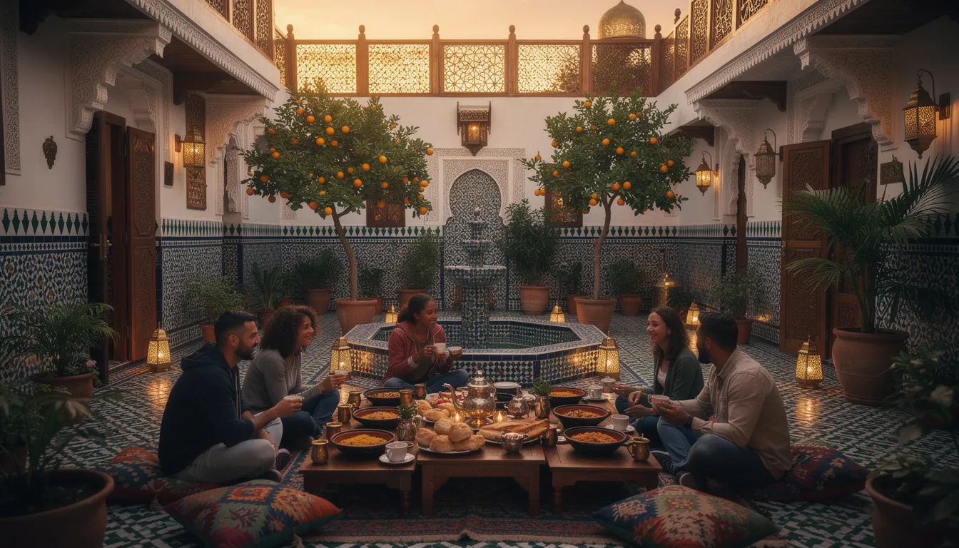 The image depicts a traditional Moroccan riad courtyard adorned with intricate tiles, where travelers are enjoying a meal at low tables, immersed in the local culture. This picturesque setting reflects the charm of Morocco, inviting visitors to partake in a unique dining experience while exploring the country's rich heritage.