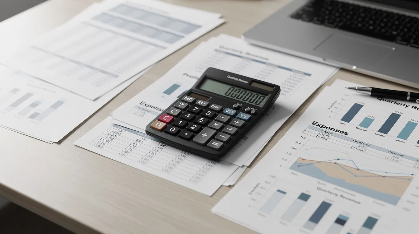 The image shows a calculator alongside various financial reports and documents scattered across an office desk, representing the intricate financial planning involved in the SME IPO process for small and medium enterprises. These materials may include financial statements, a draft red herring prospectus, and other essential documents necessary for regulatory approvals and capital raising in the stock market.