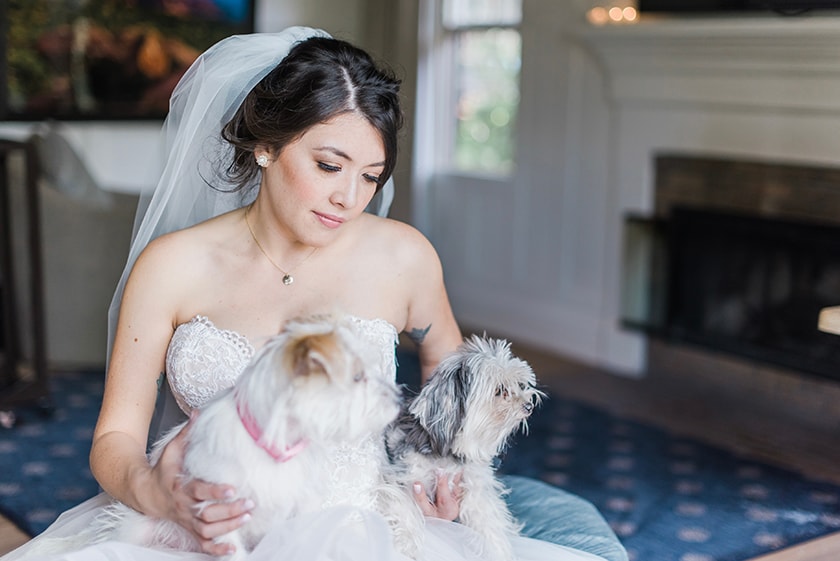 A couple happily includes their dog in wedding photos, showcasing a joyful moment.