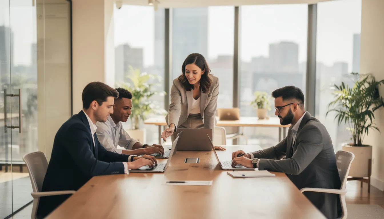 A diverse team of professionals is collaborating in a modern office environment, each focused on their laptops as they discuss strategies for online casinos and payment methods. The scene reflects a dynamic work atmosphere, emphasizing teamwork and the use of mobile devices for tasks like managing phone bill payments and mobile deposits.