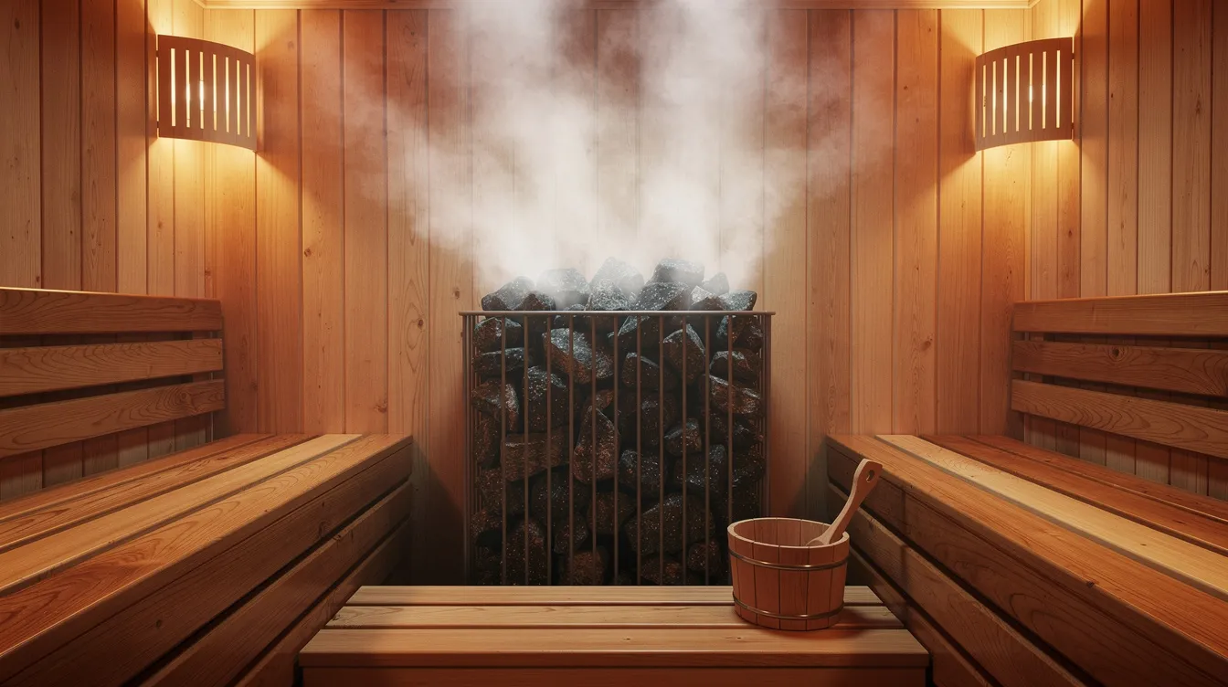 The image depicts the interior of a traditional wooden sauna, featuring heated rocks emitting steam that fills the space, creating a serene atmosphere ideal for relaxation and muscle recovery. This environment supports a wellness routine, offering significant health benefits such as stress relief and improved cardiovascular health during sauna sessions.