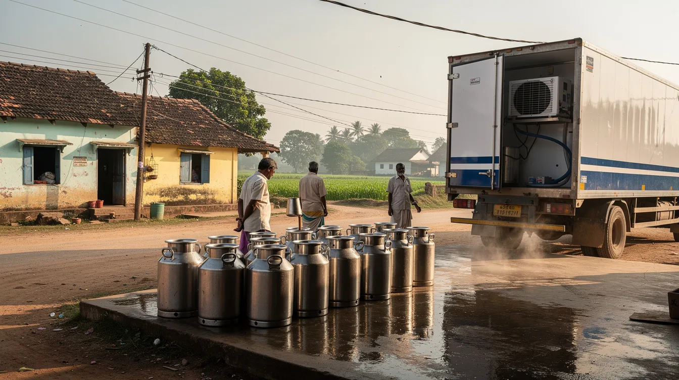 c25b52bd 30dd 4260 9a96 3eb511cf7497 The image depicts a rural milk collection point in an Indian village, featuring stainless steel cans filled with raw milk and a refrigerated tanker truck ready for milk processing. This setting highlights the critical steps in the ghee manufacturing process, emphasizing the importance of quality control and efficient dairy collection in the dairy industry.
