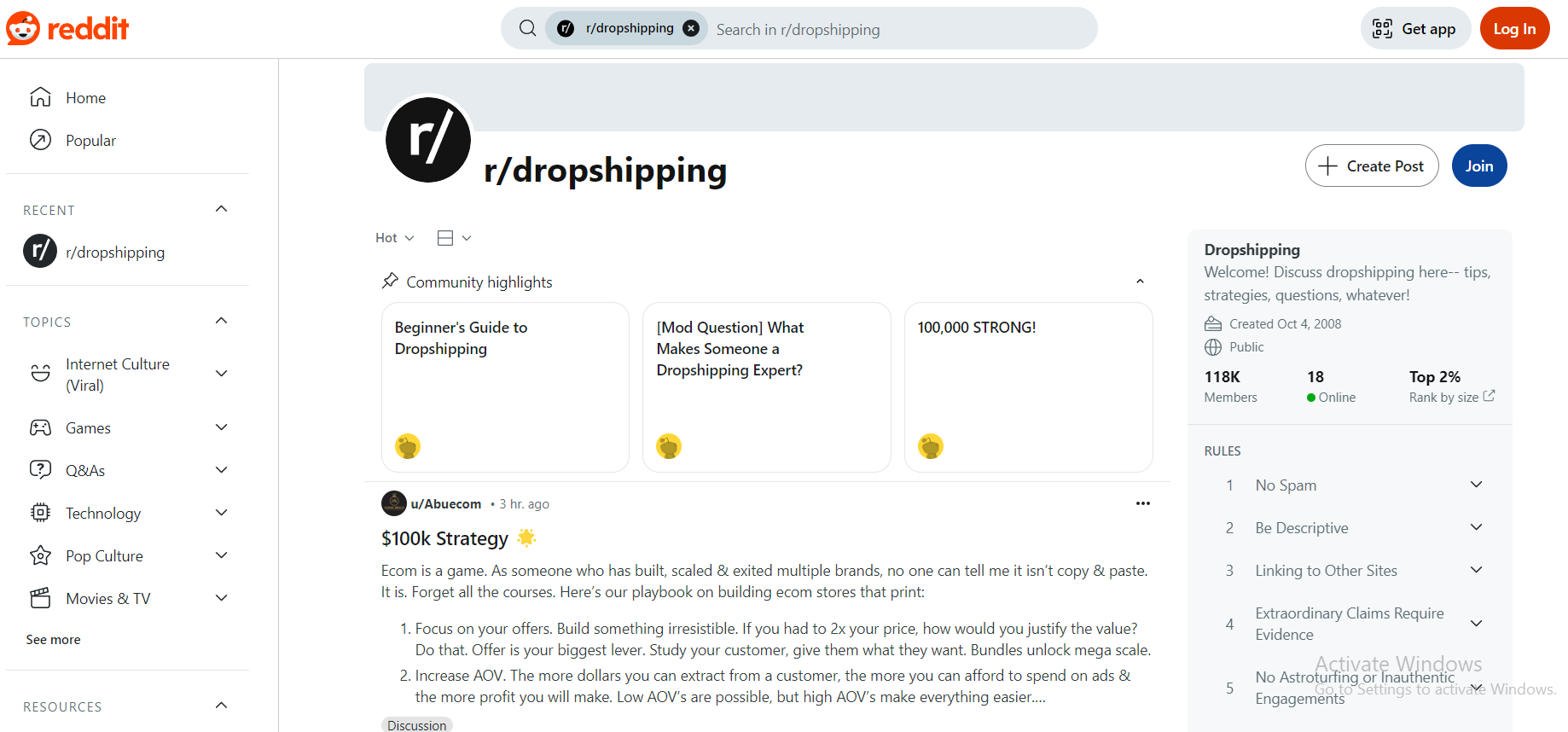 The r/dropshipping subreddit is an active community with over 118k members, providing valuable insights for dropshippers at all levels.