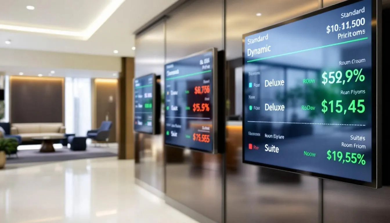 The image depicts various hotel rooms with digital displays showcasing different room rates that reflect dynamic pricing strategies in real-time. It illustrates how the hotel dynamic pricing algorithm adjusts rates based on market trends, occupancy forecasts, and competitor pricing to optimize revenue management and enhance guest satisfaction.