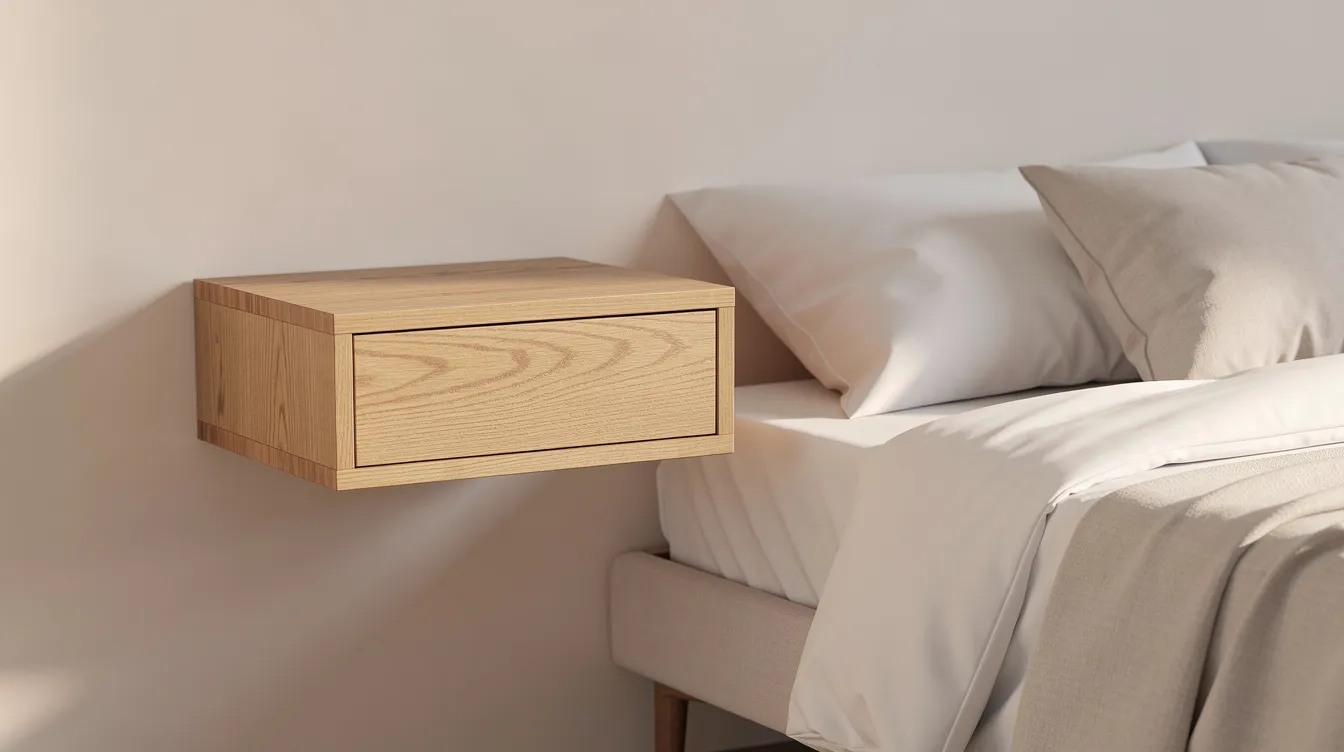 Het beeld toont een stijlvol zwevend nachtkastje van hout, gemonteerd aan een lichte muur naast een opgemaakt bed. Het nachtkastje biedt extra opbergruimte en heeft een rustige uitstraling, perfect voor het avondritueel in een moderne slaapkamer.