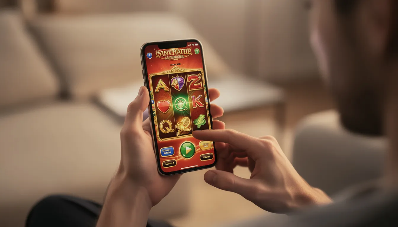 En person håller en smartphone som visar ett casino-spel på skärmen, vilket ger en känsla av spänning och underhållning. Hos Gogo Casino kan nya spelare ta del av en välkomstbonus på upp till 3000 kr och 150 gratisspins i Pirots 3.