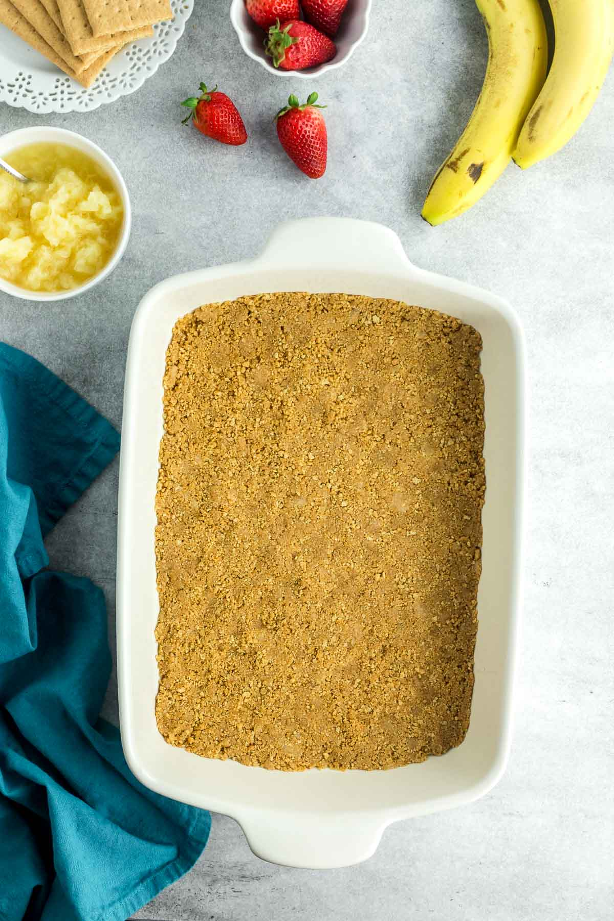 graham cracker crust pressed into bottom of 9x13 pan
