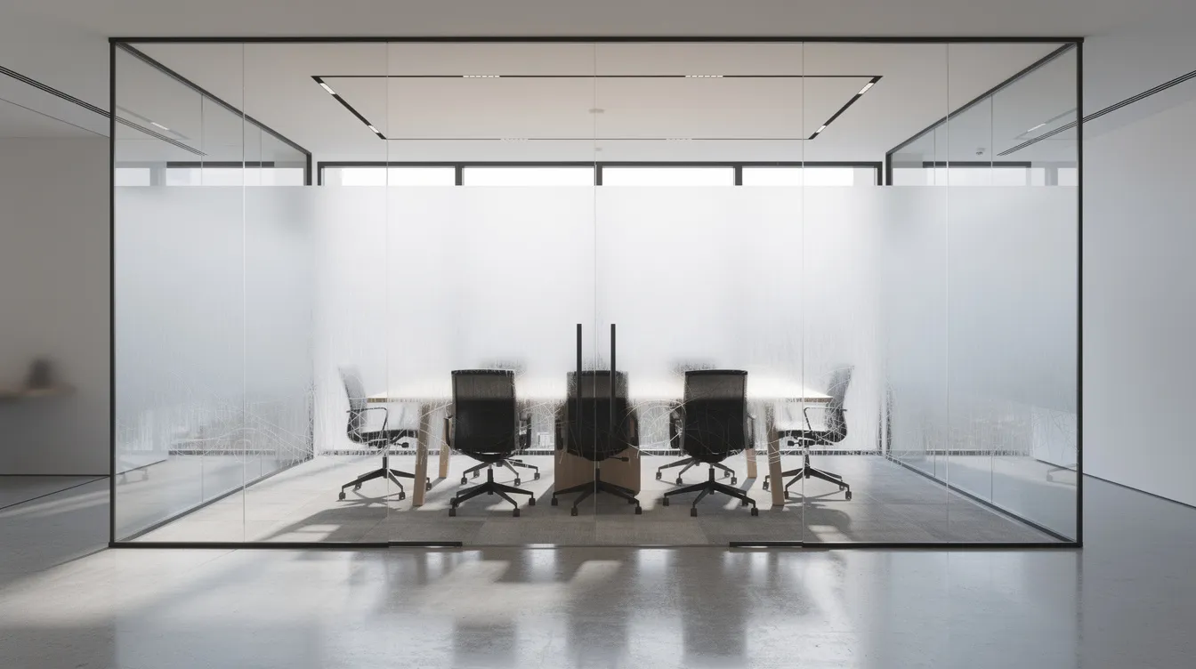 A modern conference room features glass walls with frosted switchable smart film, providing instant privacy while allowing natural daylight to filter through. The intelligent glass partitions can switch between transparent and opaque states, enhancing the room's functionality in commercial spaces.
