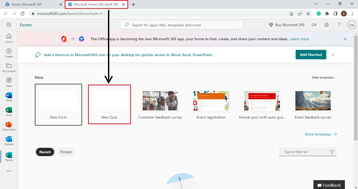 A new tab for your "Microsoft Forms" opens, and select "New Quiz" for the home page.