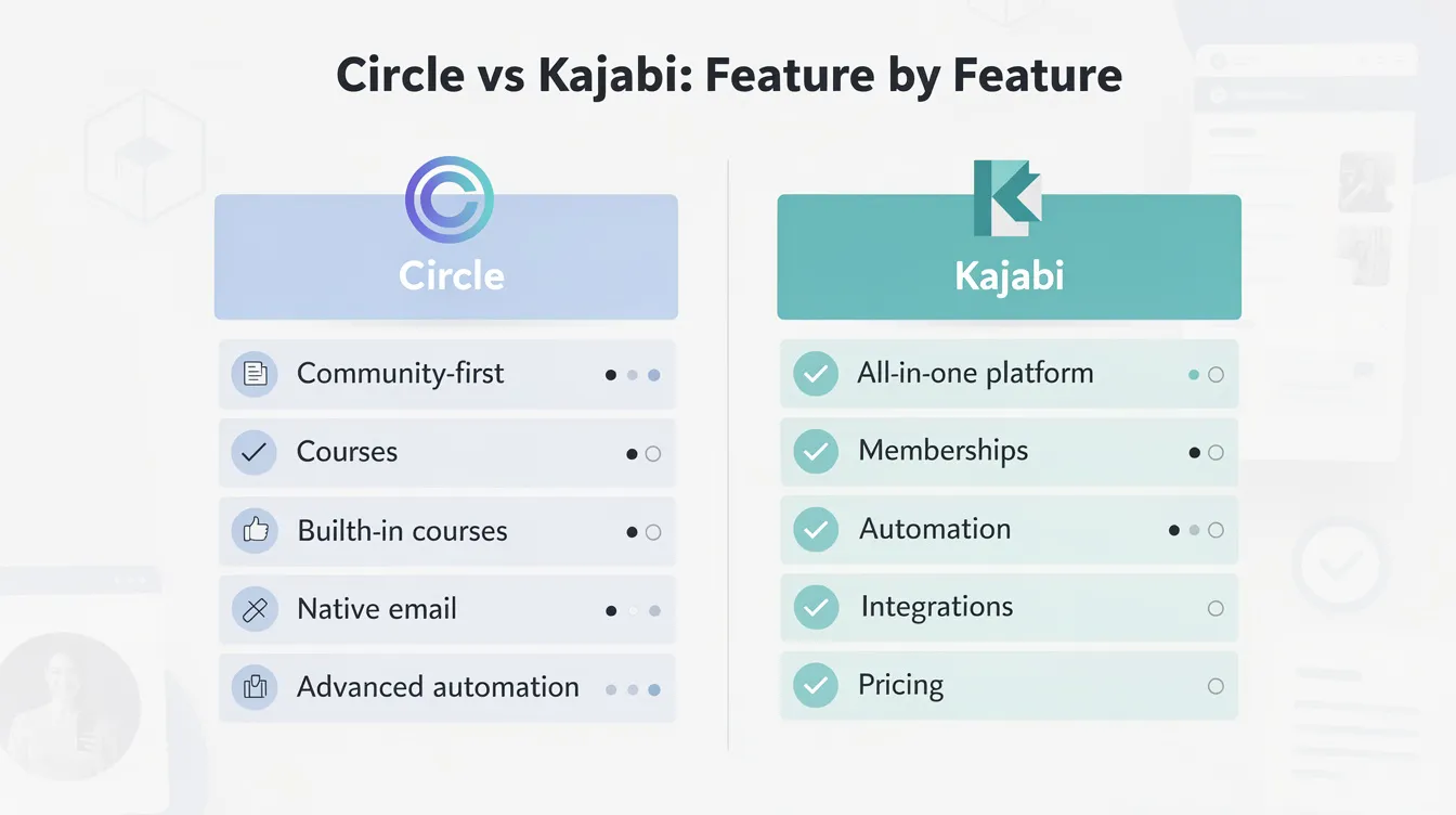 The image compares Circle and Kajabi feature by feature, highlighting their different approaches to community building and course creation. Circle is positioned as a dedicated community platform with robust community features, while Kajabi offers an all-in-one platform that includes advanced marketing tools and course management capabilities.