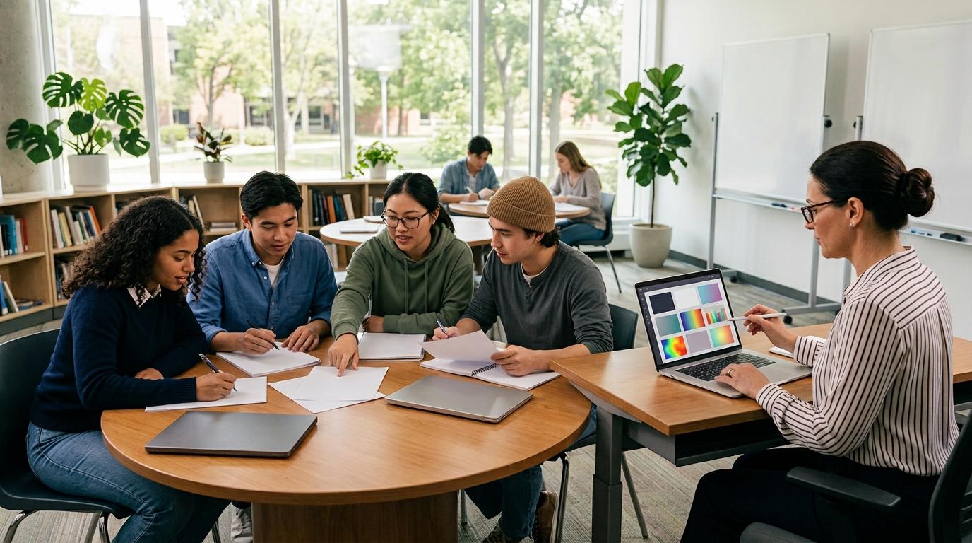 Modern classroom showing an instructor using AI-assisted grading while students review each other's essays around a table.