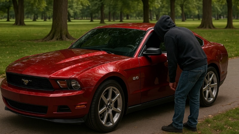 A suspicious guy peeking inside a Mustang with tinted windows