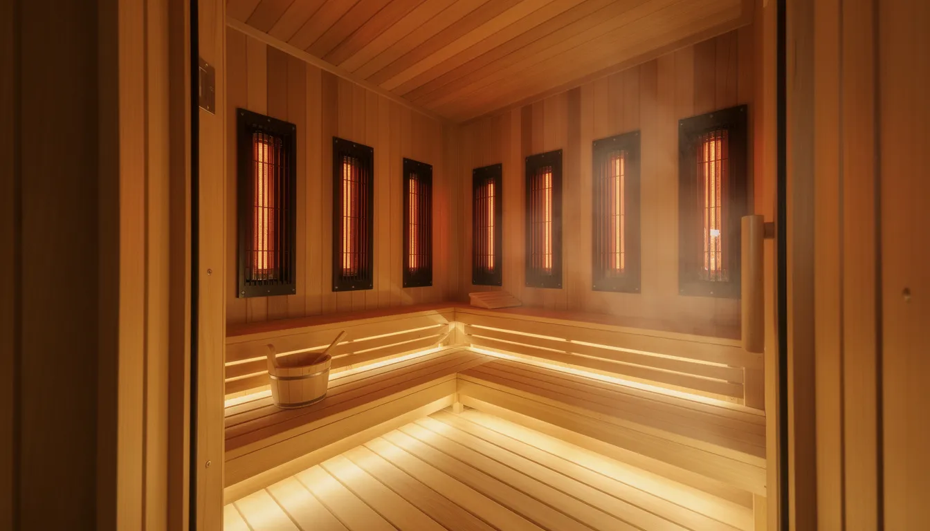 The image shows the interior of a modern wooden infrared sauna, featuring multiple heating panels installed along the walls. This low EMF infrared sauna is designed to provide a safe and relaxing environment, minimizing EMF exposure while delivering the health benefits associated with infrared heat.