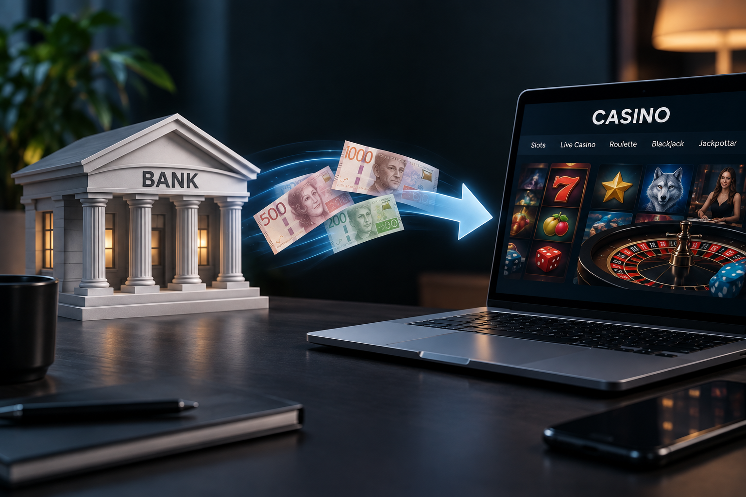 Illustration av banköverföring där pengar skickas från ett bankkonto till ett online casino.