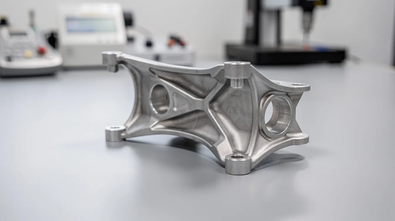 The image shows a titanium aerospace bracket with intricate geometry resting on an inspection table, highlighting its precision machined components. This bracket, made from one of the best materials for high precision CNC parts, showcases excellent corrosion resistance and is designed for high-temperature environments in the aerospace industry.