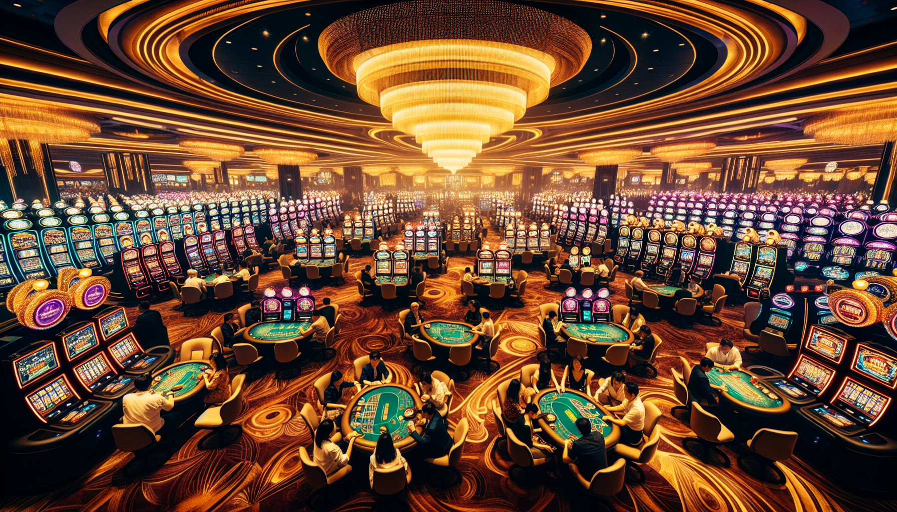 Diverse casino floor with slot machines and table games