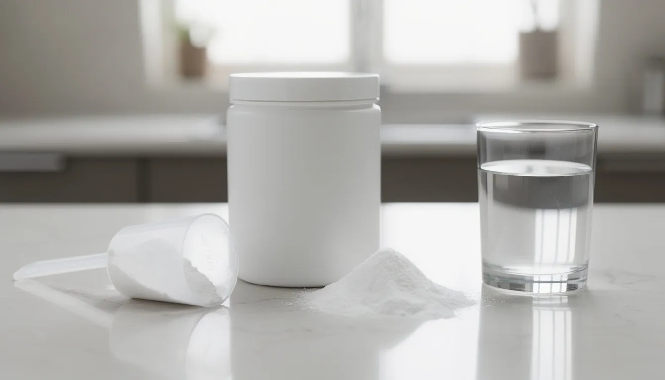 The image shows a simple container of creatine powder alongside a measuring scoop and a glass of water on a kitchen counter, suggesting the use of creatine supplements for enhancing muscle strength and exercise performance. This dietary supplement is often combined with resistance training to improve muscle growth and recovery.